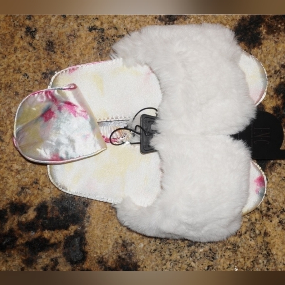 NWT INC White Faux Fur slippers and matching sleep eye mask.